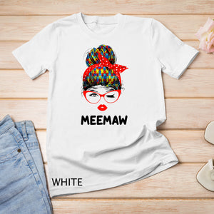 Autism Meemaw Messy Bun Sunglasses Bandana Mother Day T-Shirt