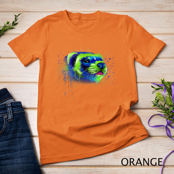 Colorful Ferret Face Graphics Hand Drawn Splash Art Ferret Pet Lover T-Shirt