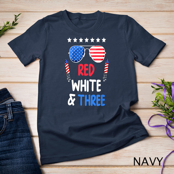 Kids Red White & Three 3rd Birthday 4th Of July Independence Day T-Shirt