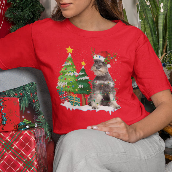 Schnauzer Dog Santa Hat Reindeer Christmas Lights T-Shirt