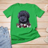 Womens Black Schnoodle Dog Floral V-Neck T-Shirt