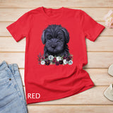 Womens Black Schnoodle Dog Floral V-Neck T-Shirt